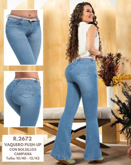 PANTALÓN COLOMBIANO CON BOTA CAMPANA BOLSILLOS CLÁSICOS 2672