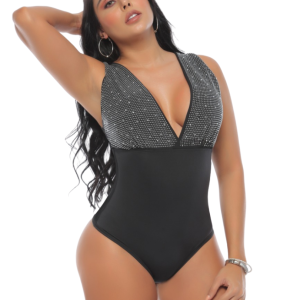 BODY COLOMBIANO FAJA INCORPORADA ESCOTE V PEDRERÍA PLATEADA