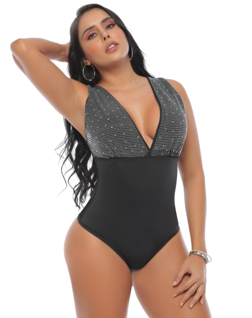 BODY COLOMBIANO FAJA INCORPORADA ESCOTE V  PEDRERÍA PLATEADA 9021