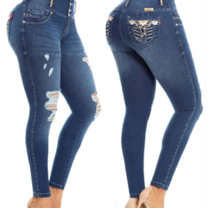 PANTALÓN DE DAMA CON BOLSILLOS BORDADOS Y PEDRERÍA PRETINA ANCHA 4 BOTONES