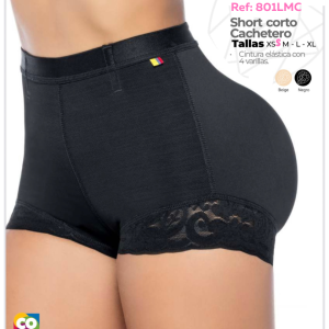 Short colombiano levantacola Ref. 801LMC con realce invisible, control de abdomen bajo y cintura con silicona. Disponible en beige y negro.